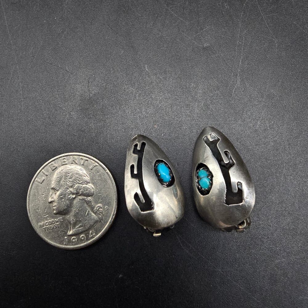 Vintage Sterling Silver Turquoise Clip On Earrings Tear Drop - Picture 7 of 8